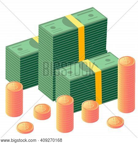 Vector Illustration Of Earnings. Wad Of Money And Coins