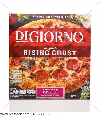 IRVINE, CALIFORNIA - APRIL 5, 2018: DiGiorno Frozen Sausage and Pepperoni Pizza. DiGiorno manufactures over 250,000 pizzas daily for USA consumers.
