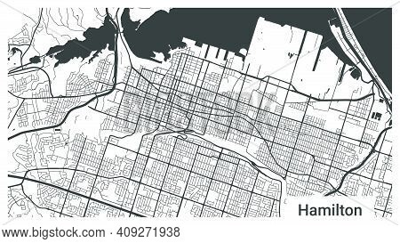 Map Of Hamilton City, Ontario, Canada. Horizontal Background Map Poster Black And White Land, Street