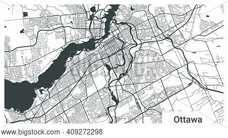Map Of Ottawa City, Ontario, Canada. Horizontal Background Map Poster Black And White Land, Streets 
