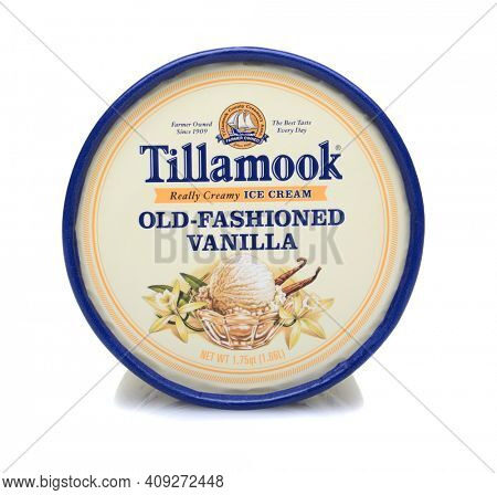 IRVINE, CA - JUNE 23, 2014: A carton of Tillamook Vanilla Ice Cream. Tillamook, with over 25 varieties, has been making premium ice cream since 1947.