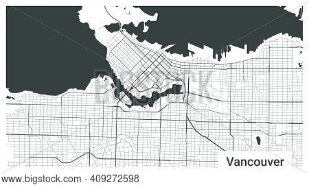 Map Of Vancouver City, British Columbia, Canada. Horizontal Background Map Poster Black And White La