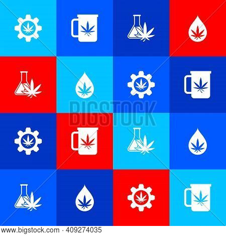 Set Test Tube With Marijuana, Cup Tea, And Marijuana Or Cannabis Leaf Oil Icon. Vector