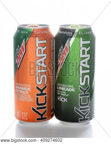 IRVINE, CA - FEBRUARY 7, 2015: Two cans of MTN Dew Kickstart breakfast drink. From PepsiCo Kickstart is marketed as a healthier way to start your day rather than energy drinks.