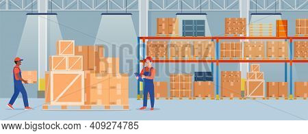 Warehouse Interior With Cardboard Boxes On Metal Racks And Working People.. Warehouse Interior With 