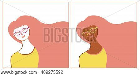 Cute Girl Smile Face Vector Flat Greeting Card. African And White Girls In Glasses. Eps 10