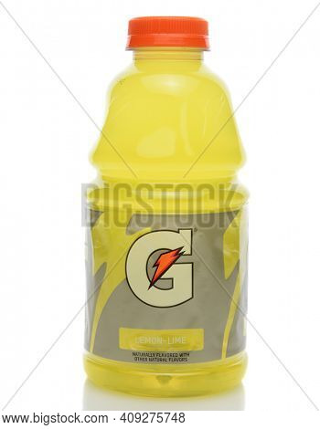 IRVINE, CA - SEPTEMBER 22, 2014: A bottle of Gatorade Lemon Lime Thirst Quencher. The beverage was first developed in 1965 by a team of researchers at the University of Florida.  