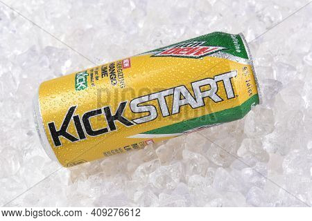 IRVINE, CA - DECEMBER, 15, 2017: A can of Mountain Dew Kickstart Mango Lime drink. From PepsiCo Kickstart is marketed as a healthier way to start your day rather than energy drinks.
