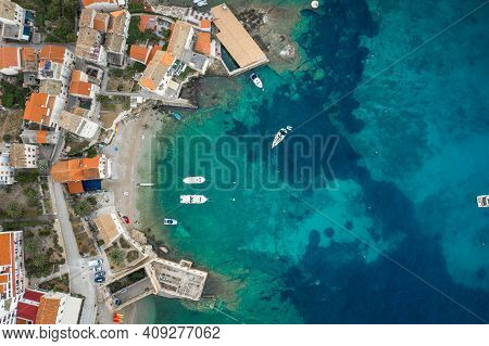Aerial Overhead Drone View Of Yachts Near Gusarica Beach In Komiza On Vis Island In Coratia Before S