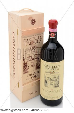 IRVINE, CA - DECEMBER 29, 2014: A 3 liter bottle of Castello D 'Albola Chianti Classico. The Italian estate has over 150 hectares of vineyard and over 4000 olive trees.