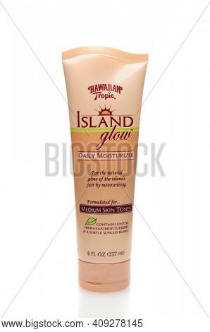 IRVINE, CA, JAN 31, 2011:  Single 8oz tube Hawaiian Tropic Island Glow Daily Moisturizer on a white background
