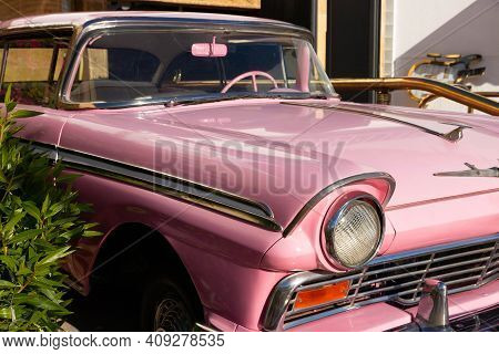 Sharm El Sheikh, Egypt - January 21, 2021: Pink Limousine, Cadillacc Pinck, Near Hard Rock Cafe In N