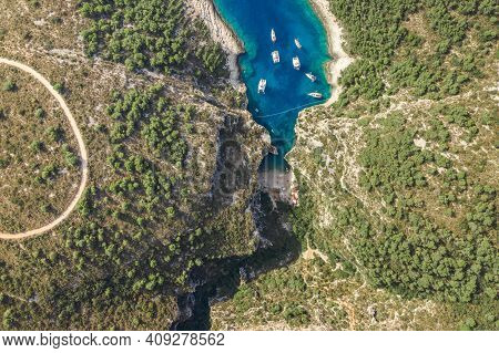Aerial Overhead Drone Shot Of Stiniva Covert Cove Beach In Adriatic Sea On Vis Island In Croatia In 