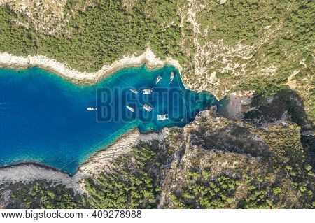 Aerial Overhead Drone Shot Of Stiniva Covert Cove Beach In Adriatic Sea On Vis Island In Croatia In 