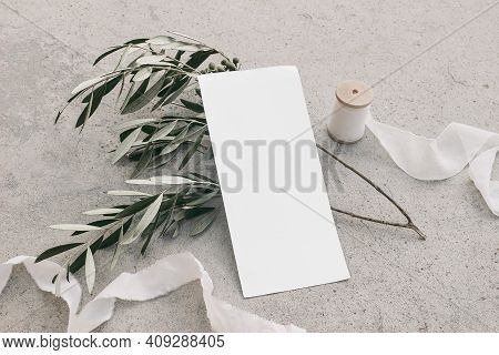 Summer Wedding Stationery, Birthday Mock-up. Empty Menu Card. White Silk Ribbon And Olive Tree Branc