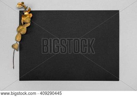 Black Invitation Card Mockup With A Dried Grass Decoration On A Neutral Table. 5x7 Ratio, Similar To