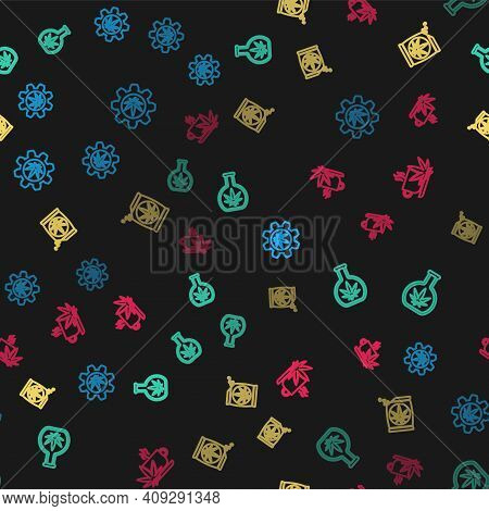 Set Line Test Tube With Marijuana, , Marijuana Or Cannabis Seeds And Cup Tea On Seamless Pattern. Ve