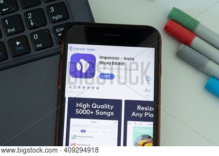 New York, Usa - 17 February 2021: Impresso Insta Story Editor Mobile App Icon On Phone Screen, Illus