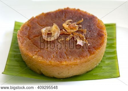 Coconut Custard On Banana Leaf Thai Custard Dessert Call Kha Nom Maw Gaeng In White Plate.