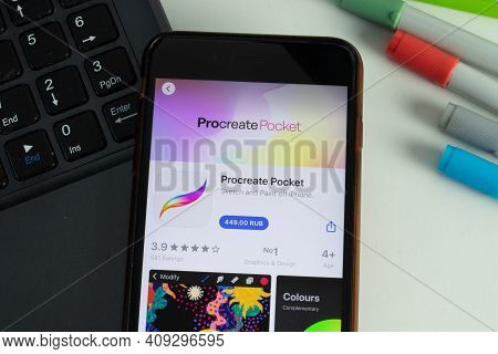 New York, Usa - 17 February 2021: Procreate Pocket Mobile App Icon On Phone Screen, Illustrative Edi