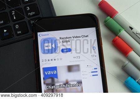 New York, Usa - 17 February 2021: Random Video Chat Vava Mobile App Icon On Phone Screen, Illustrati