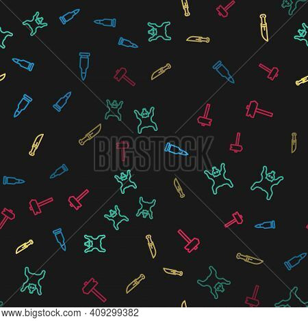 Set Line Bullet, Bear Skin, Hunter Knife And Road Traffic Sign On Seamless Pattern. Vector