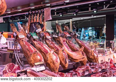 Iberic Ham In The Sant Josep La Boqueria Market In Winter 2021 In Times Of Covid 19 In Barcelona