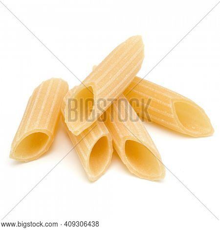 Italian pasta isolated over white background. Pennoni. Penne rigate.