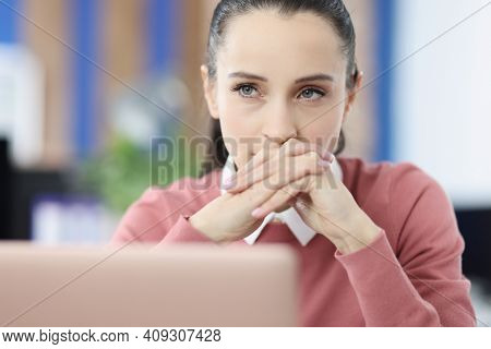 Portrait Of Young Beautiful Brunette Woman At Workplace. Freelance Concept