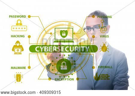 Cybersecurity concept with businesswoman pressing button