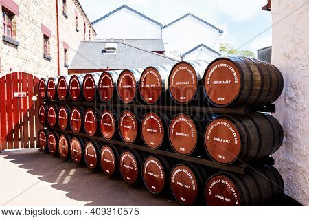 Bushmills, Ireland - July 7, 2019: Buildings And Exterior Of Old Bushmills Distillery, County Antrim