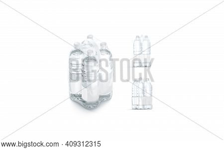 Blank Plastic Bottle In Transparent Shrink Wrap Mockup, Different Views, 3d Rendering. Empty Disposa