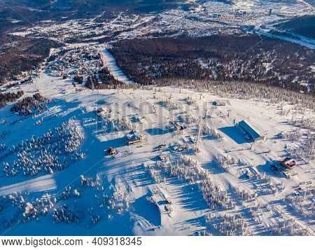 Sheregesh Ski Lift Resort In Winter, Landscape On Mountain And Hotels, Aerial Top View Kemerovo Regi