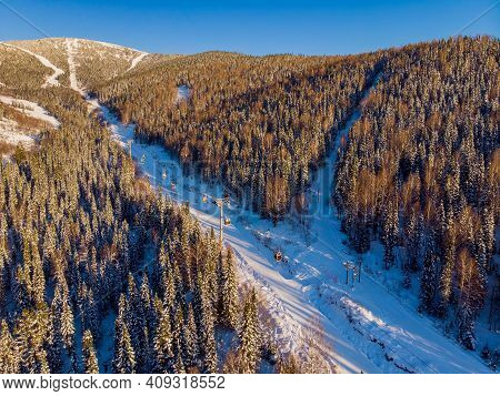 Sheregesh Ski Lift Resort In Winter, Landscape On Mountain And Hotels, Aerial Top View Kemerovo Regi