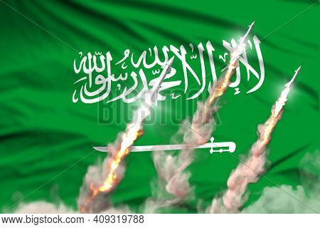 Modern Strategic Rocket Forces Concept On Flag Fabric Background, Saudi Arabia Nuclear Missile Attac