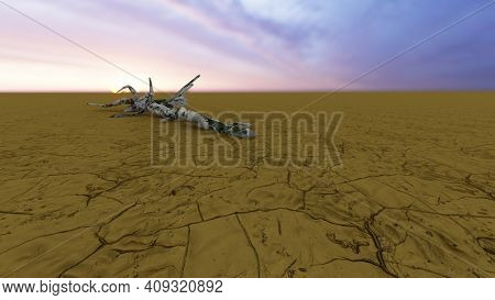 Concept or conceptual desert landscape with a parched tree trunck as a metaphor for global warming and climate change. A warning for the need to protect our environment and future 3d illustration