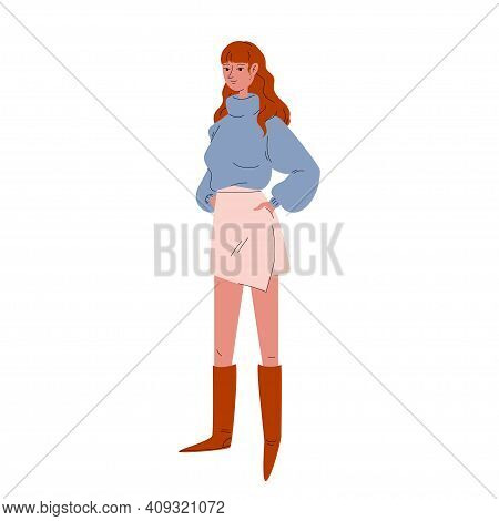 A Pretty Young Woman In A Short Light Pink Skirt, A Blue Sweater, And High Brown Boots. An Adult Gir