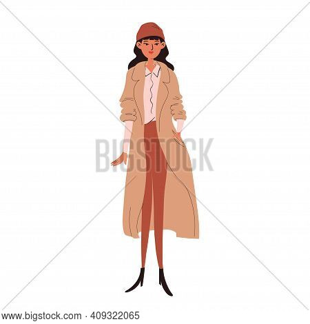A Hand-drawn Young Woman In A Beige Coat And Brown Hat. Cute Smile Brunette In Modern Street Style L