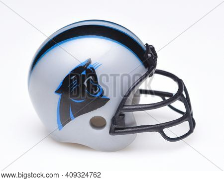 IRVINE, CALIFORNIA - AUGUST 30, 2018: Mini Collectable Football Helmet for the Carolina Panthers of the National Football Conference South.