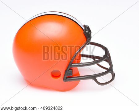 IRVINE, CALIFORNIA - AUGUST 30, 2018: Mini Collectable Football Helmet for the Cleveland Browns of the American Football Conference North. 