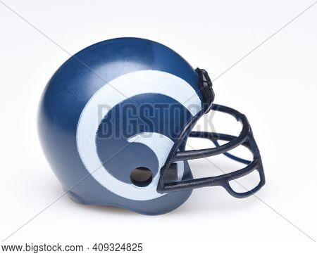 IRVINE, CALIFORNIA - AUGUST 30, 2018: Mini Collectable Football Helmet forf the Los Angeles Rams of the National Football Conference West.