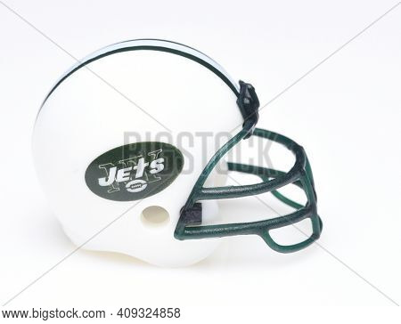 IRVINE, CALIFORNIA - AUGUST 30, 2018: Mini Collectable Football Helmet for the New York Jets of the American Football Conference East.