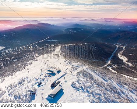Sheregesh Ski Lift Resort In Winter, Landscape On Mountain And Hotels, Aerial Top View Kemerovo Regi