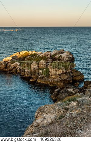 Landscape Beautiful Rocks On The Shore Of Cape Kazantip, Russia, Crimea