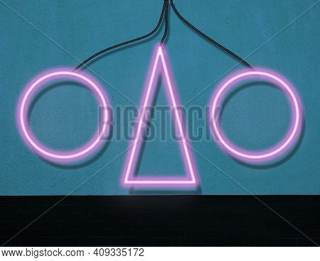 Pink Neon Circles And Triangle Hang On Cement Wall Background At Night, Lamps On Wire