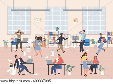 Stressful Working Day In Office Illustration. Running Male And Female Characters Overwhelmed With Ta