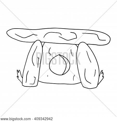 Cute Cartoon Doodle Ancient Stone Dolmen Isolated On White Background. Prehistoric Rock Architecture