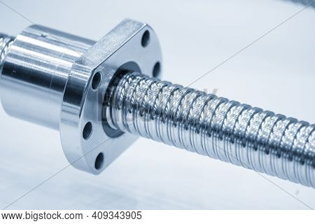 The Close-up Scene Of Lead Ball Screw Assembly Spare Part. The Hi-precision Manufacturing Concept.