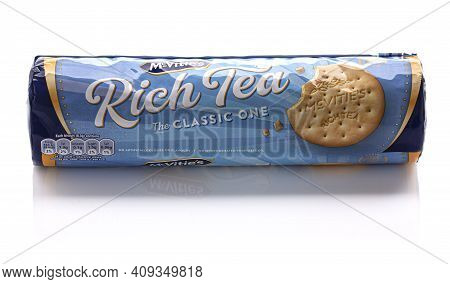Swindon, Uk - February 22, 2021:  Packet Of Mcvities Rich Tea Biscuits, The Classic One On A White B