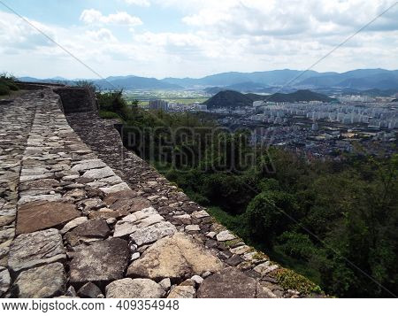 Gimhae, South Korea, September 3, 2017: View Of The City Of Gimhae. South Korea From Bunsanseong For